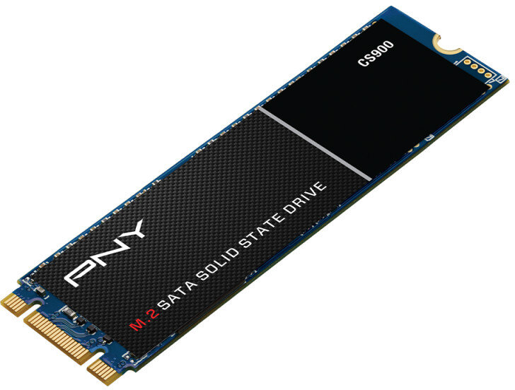 Czarny dysk SSD M.2 SATA PNY. Białe logo PNY i tekst CS900 na czarnej powierzchni.