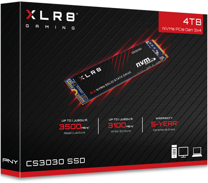 Pudełko PNY XLR8 Gaming SSD. Dysk SSD z przodu. Tekst: 4TB NVMe PCIe Gen3x4. Czerwony i czarny.