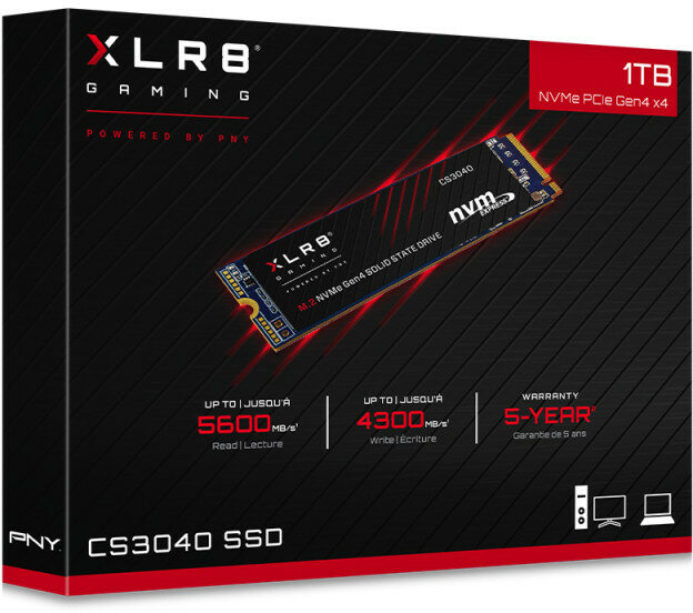 Pudełko SSD XLR8 gaming. Czarny i czerwony design. Obraz SSD z przodu. Biały tekst.