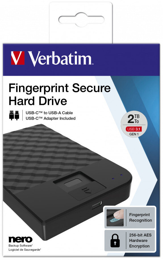 Dysk zewnętrzny VERBATIM Store n Go 2TB HDD Fingerprint Secure USB 3.1 Gen. 1 ze złączem USB-C Czarny