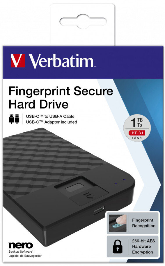 Dysk zewnętrzny VERBATIM Store n Go 1TB HDD Fingerprint Secure USB 3.1 Gen. 1 ze złączem USB-C Czarny