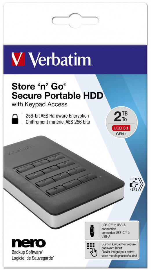 Dysk zewnętrzny VERBATIM Store n Go 2TB HDD Secure USB 3.1Gen. 1 ze złączem USB-C Czarny