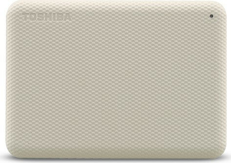 Kremowy zewnętrzny dysk twardy Toshiba. Ma teksturowaną powierzchnię, nazwę marki u góry po lewej stronie i małą lampkę.