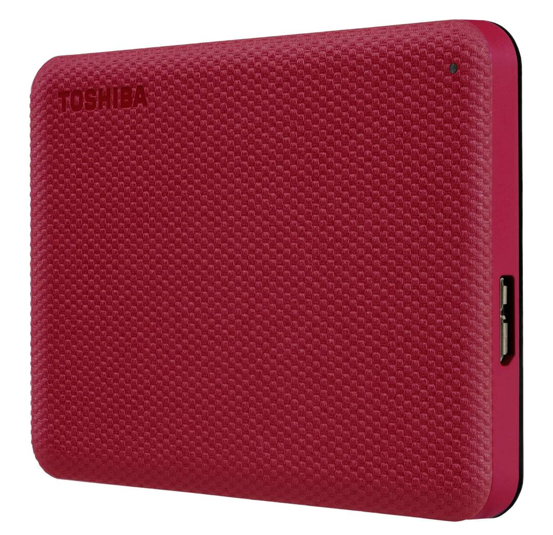 Czerwony zewnętrzny dysk twardy Toshiba, o teksturowanej powierzchni i porcie USB. Logo Toshiba jest widoczne.