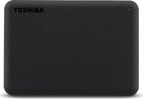 Czarny zewnętrzny dysk twardy Toshiba z teksturowaną powierzchnią.