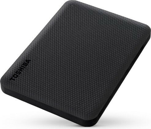 Czarny zewnętrzny dysk twardy Toshiba z teksturowaną powierzchnią.