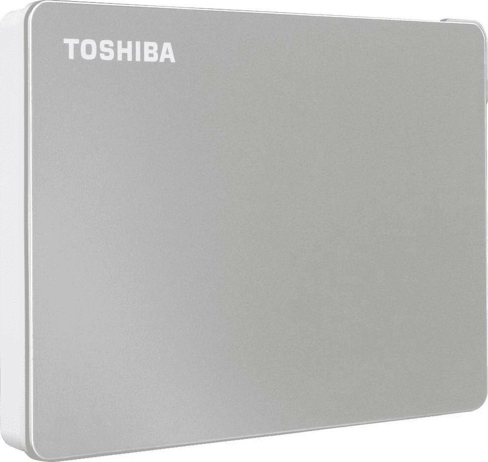 Srebrny zewnętrzny dysk twardy Toshiba.