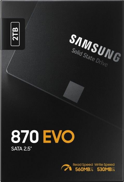 Czarny dysk SSD Samsung 870 EVO. Ma biały tekst i wskaźnik pojemności 2 TB. Pokazuje prędkości odczytu/zapisu.