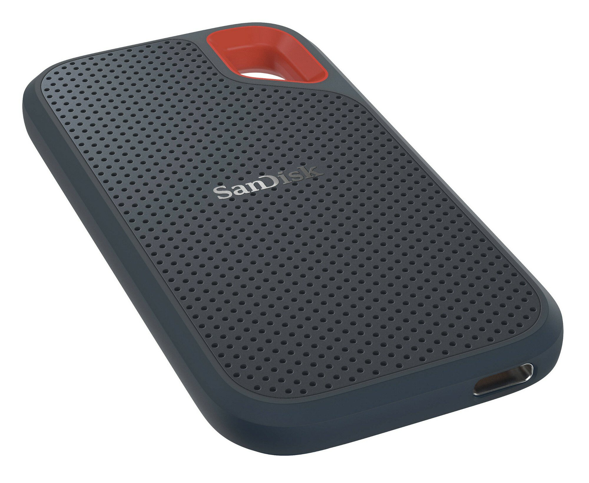 Ciemnoszary zewnętrzny dysk twardy SanDisk z czerwonym akcentem.