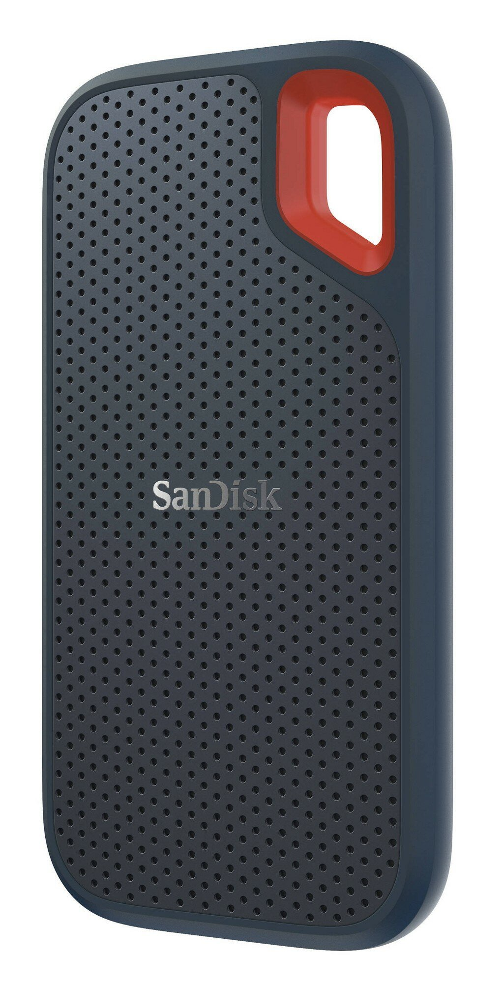 Ciemnoniebieski i czerwony zewnętrzny dysk twardy. Widoczne logo SanDisk.