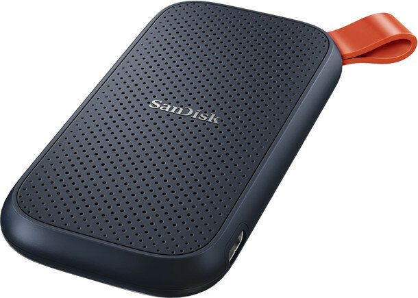 Przenośny, granatowy dysk twardy zewnętrzny SanDisk z pomarańczową pętlą.
