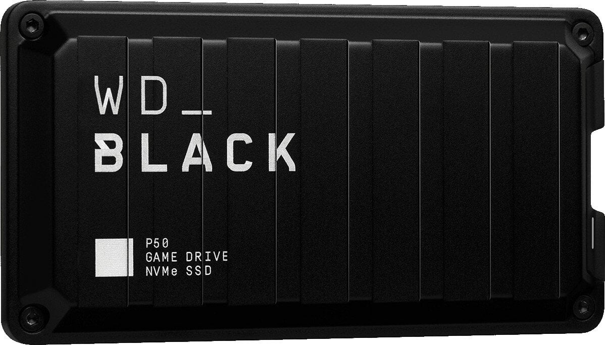 WD_BLACK P50 Game Drive NVMe SSD, czarny, z białym tekstem i solidnym designem. Tło jest białe.