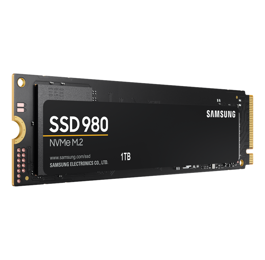 Czarny Samsung SSD 980 o pojemności 1 TB, ze złotymi złączami.