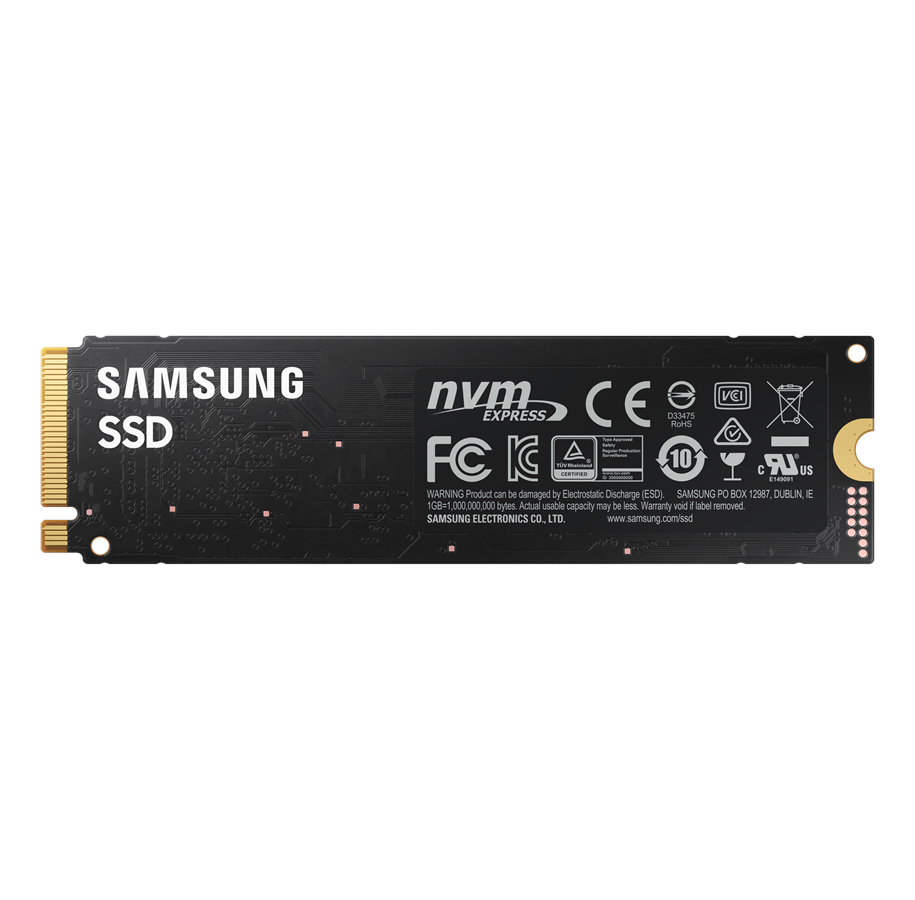 Czarny dysk SSD Samsung z tekstem i oznaczeniami. Płytka drukowana ze złotymi złączami.