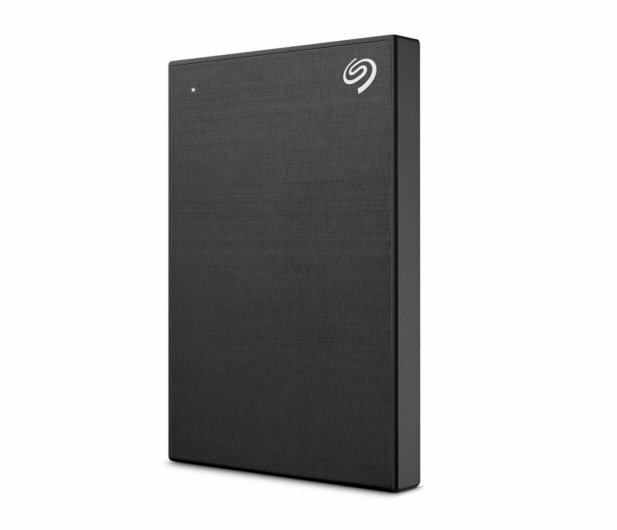 Czarny, pionowy zewnętrzny dysk twardy z logo Seagate. Białe tło.