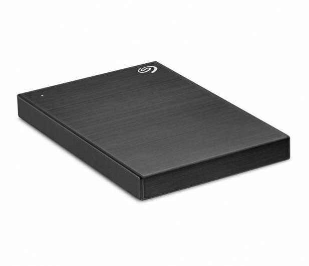 Czarny zewnętrzny dysk twardy Seagate, prostokątny kształt, widok z boku, białe tło.