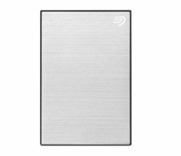 Srebrny zewnętrzny dysk twardy Seagate na białym tle, z czarną obwódką.