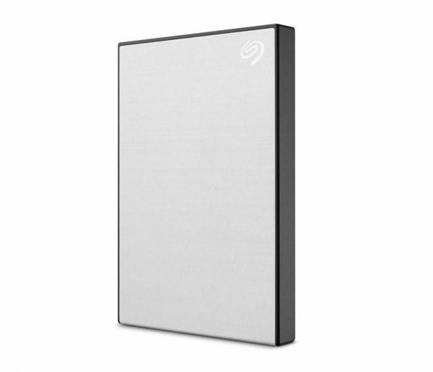 Biały i czarny zewnętrzny dysk twardy, stojący na białej powierzchni.