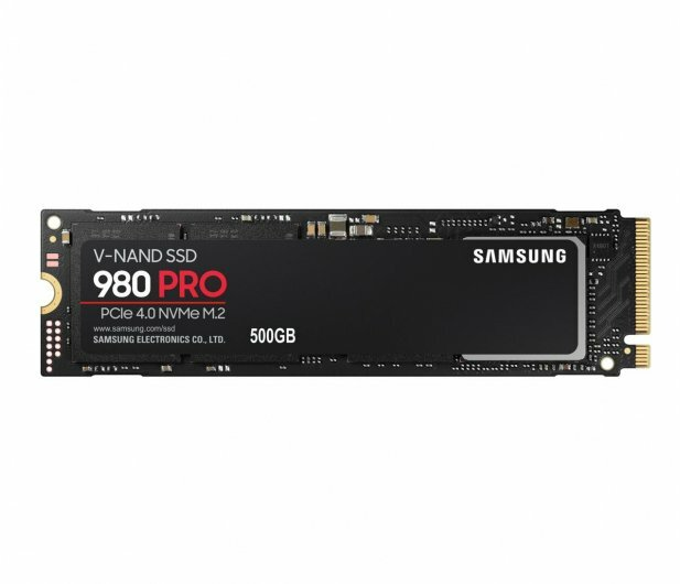 Czarny dysk SSD z logo Samsung, 980 PRO i białym tłem.