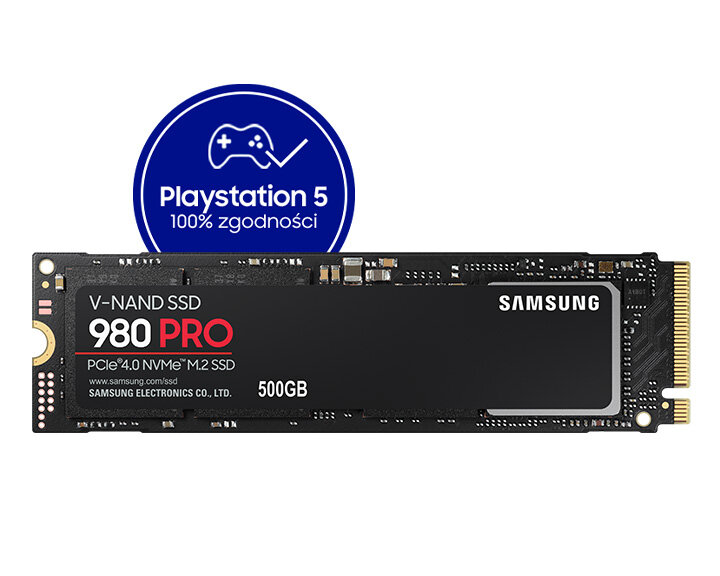Czarny dysk SSD Samsung 980 PRO z logo zgodności PlayStation 5 na białym tle.