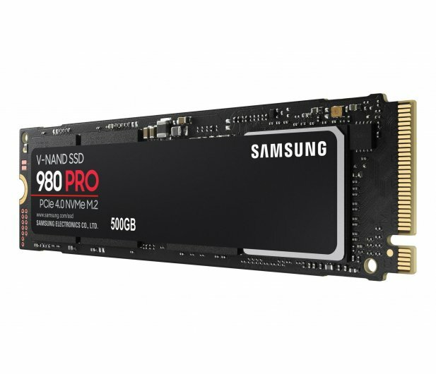 Czarny dysk SSD Samsung 980 PRO NVMe M.2. Czarna płytka z złotymi złączami.