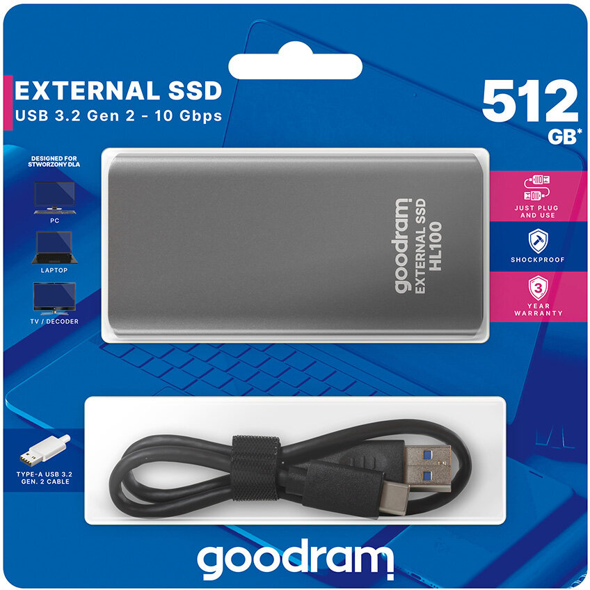 Dysk zewnętrzny GOODRAM SSD HL100 512GB + kabel USB-C Szary SSDPR-HL100-512
