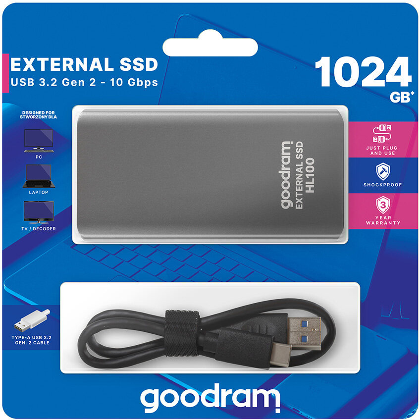 Dysk zewnętrzny GOODRAM SSD HL100 1TB + kabel USB-C Szary SSDPR-HL100-01T