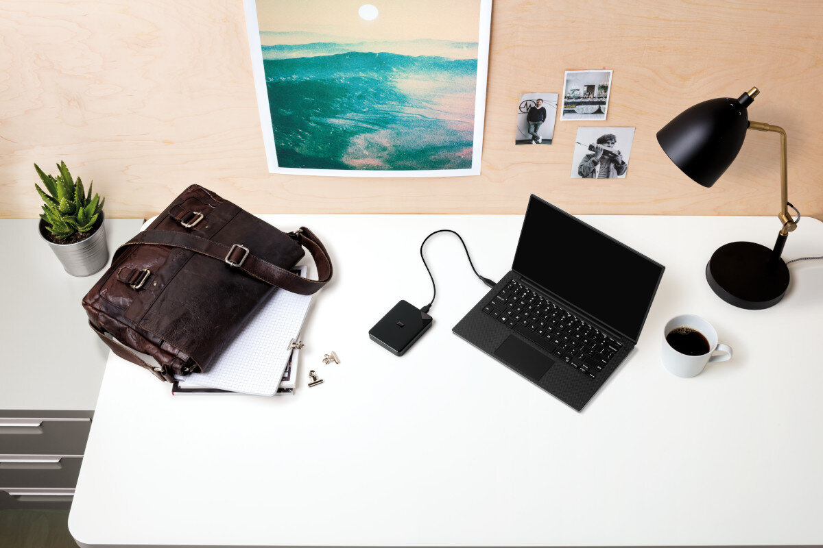 Laptop podłączony do dysku twardego i kubka na białym biurku. Jest roślina i lampa.