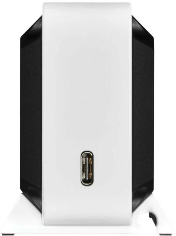 Widok z boku czarno-białego dysku twardego zewnętrznego, pionowy, widoczny port USB.