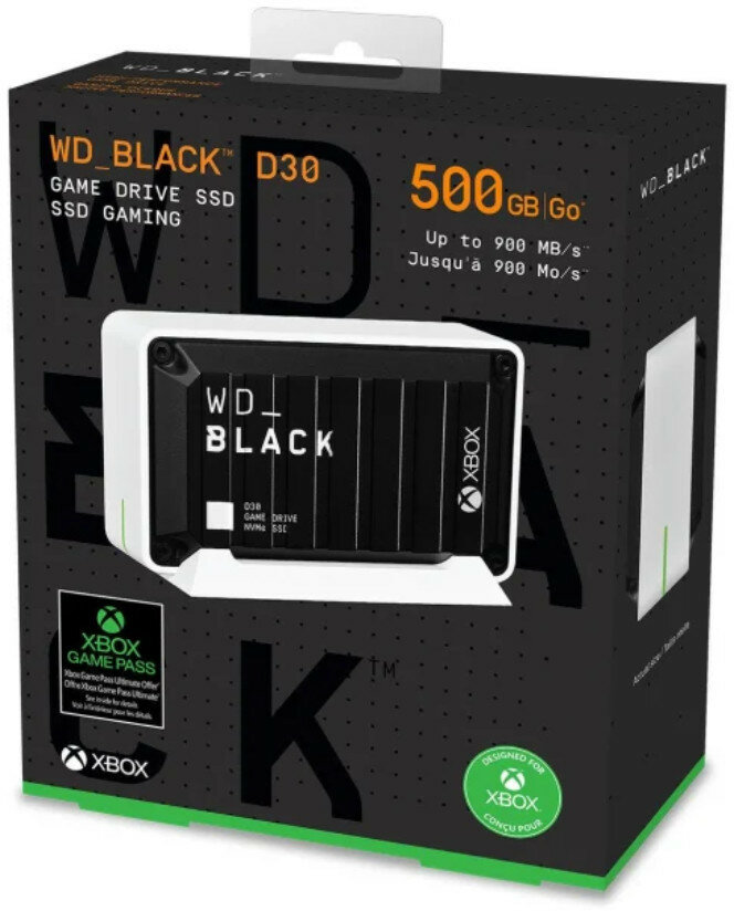 Pudełko na dysk SSD WD_BLACK D30 Game Drive. Jest czarne z białym dyskiem SSD i marką Xbox.