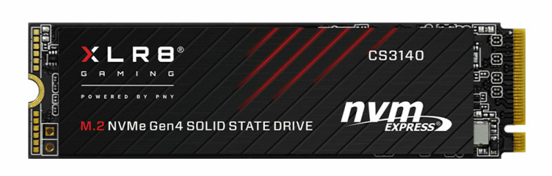 Czarny dysk SSD z czerwonymi paskami i tekstem 'XLR8 GAMING' i 'nvme express'.