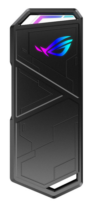 Czarna obudowa SSD z logo ROG i detalami designu.