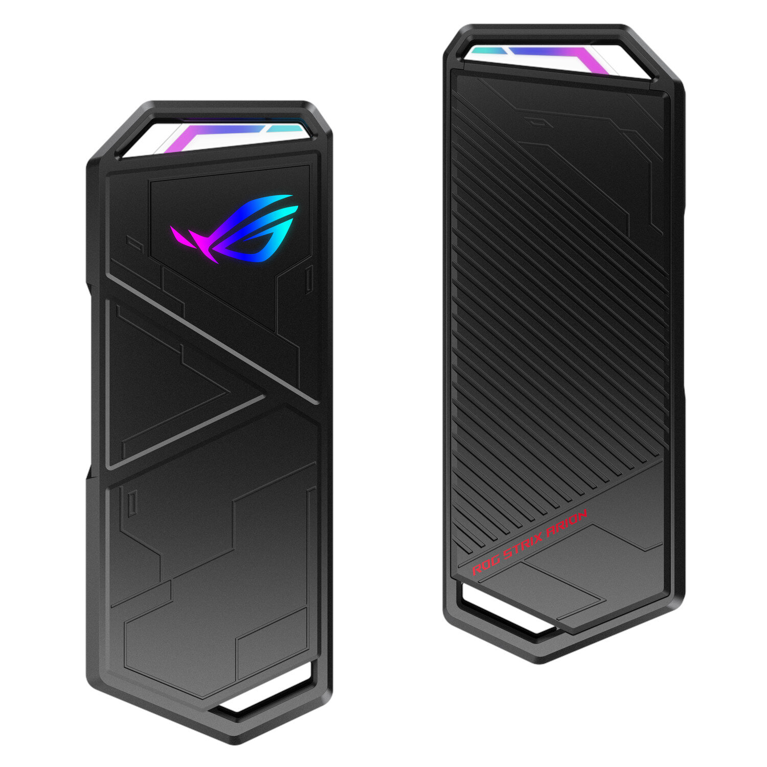 Dwie czarne obudowy SSD ROG Strix, widok z boku i pod kątem.