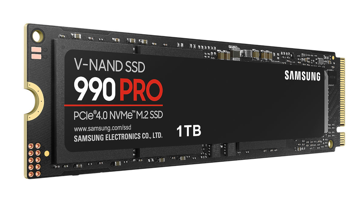 Czarny dysk SSD NVMe Samsung 990 Pro 1 TB z tekstem na etykiecie.