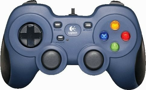 Niebieski gamepad Logitech z wieloma przyciskami.