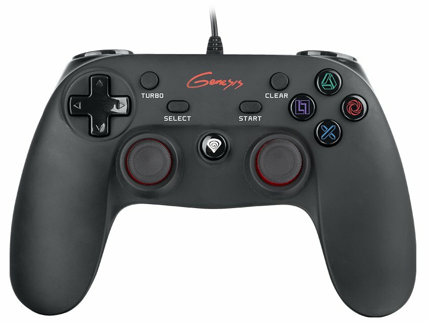 Czarny gamepad Genesis z czerwonymi akcentami i wielokolorowymi przyciskami.