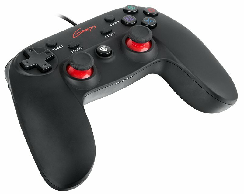 Czarny kontroler do gier z czerwonymi joystickami i przyciskami.