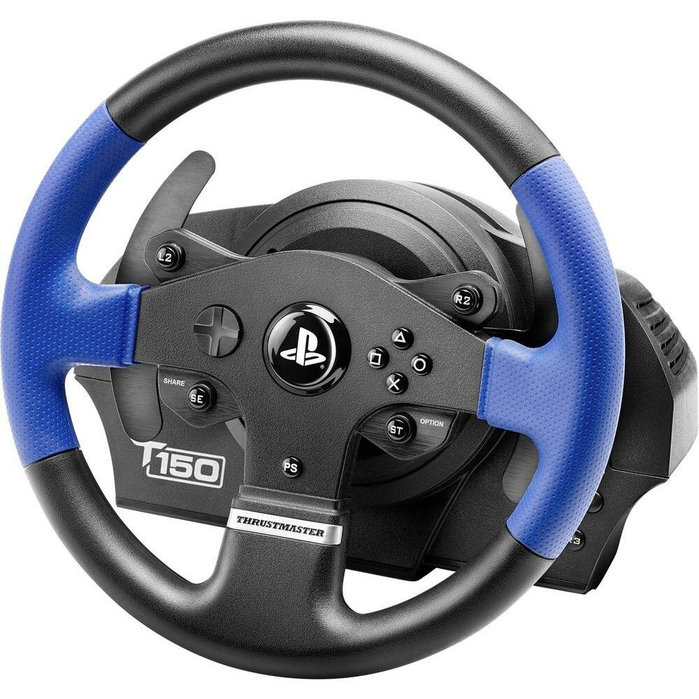 Czarno-niebieska kierownica wyścigowa Thrustmaster. Posiada logo PlayStation, przyciski i teksturowany niebieski uchwyt.