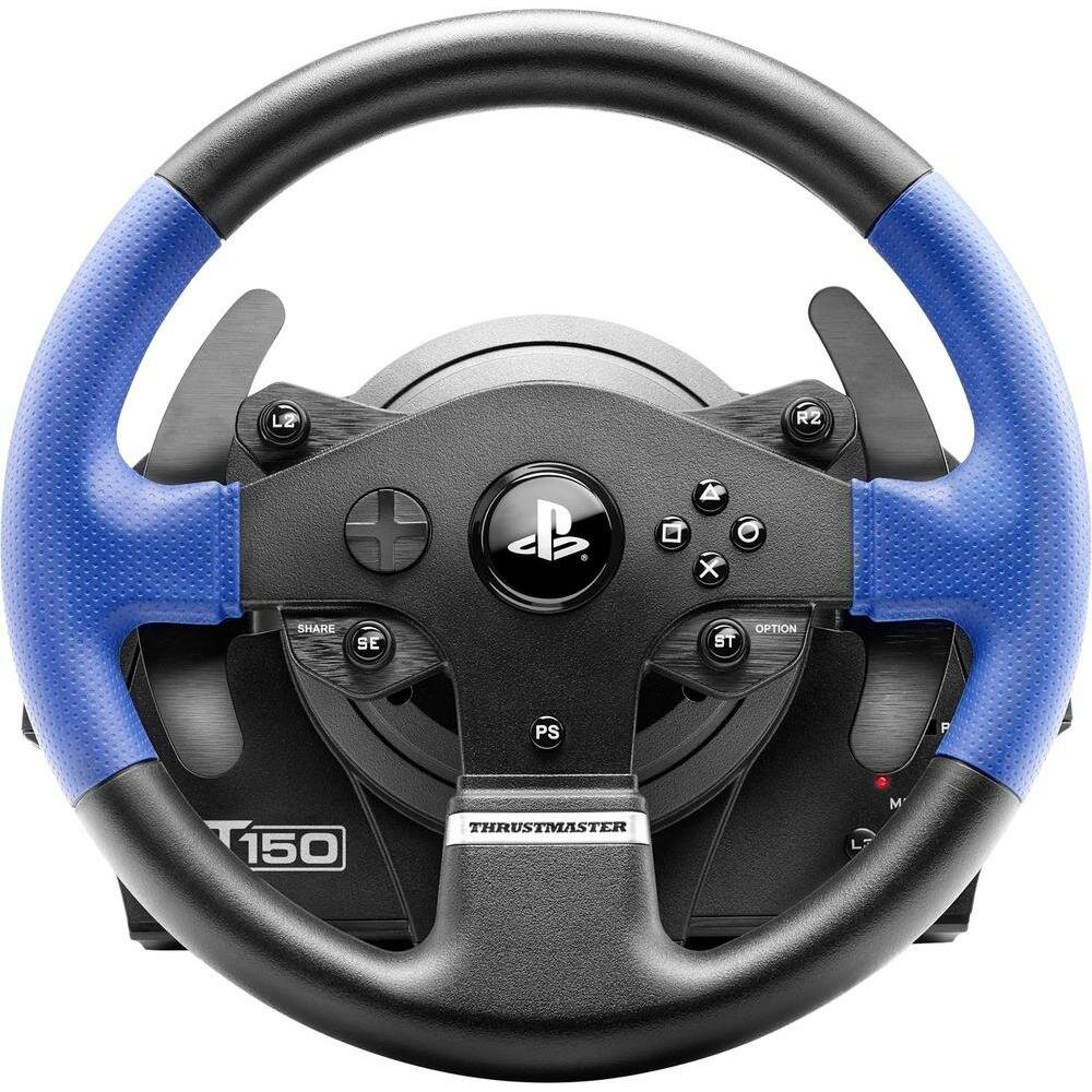 Kierownica wyścigowa Thrustmaster T150 do PlayStation. Ma niebieskie uchwyty i czarne przyciski. Kierownica jest wyśrodkowana.