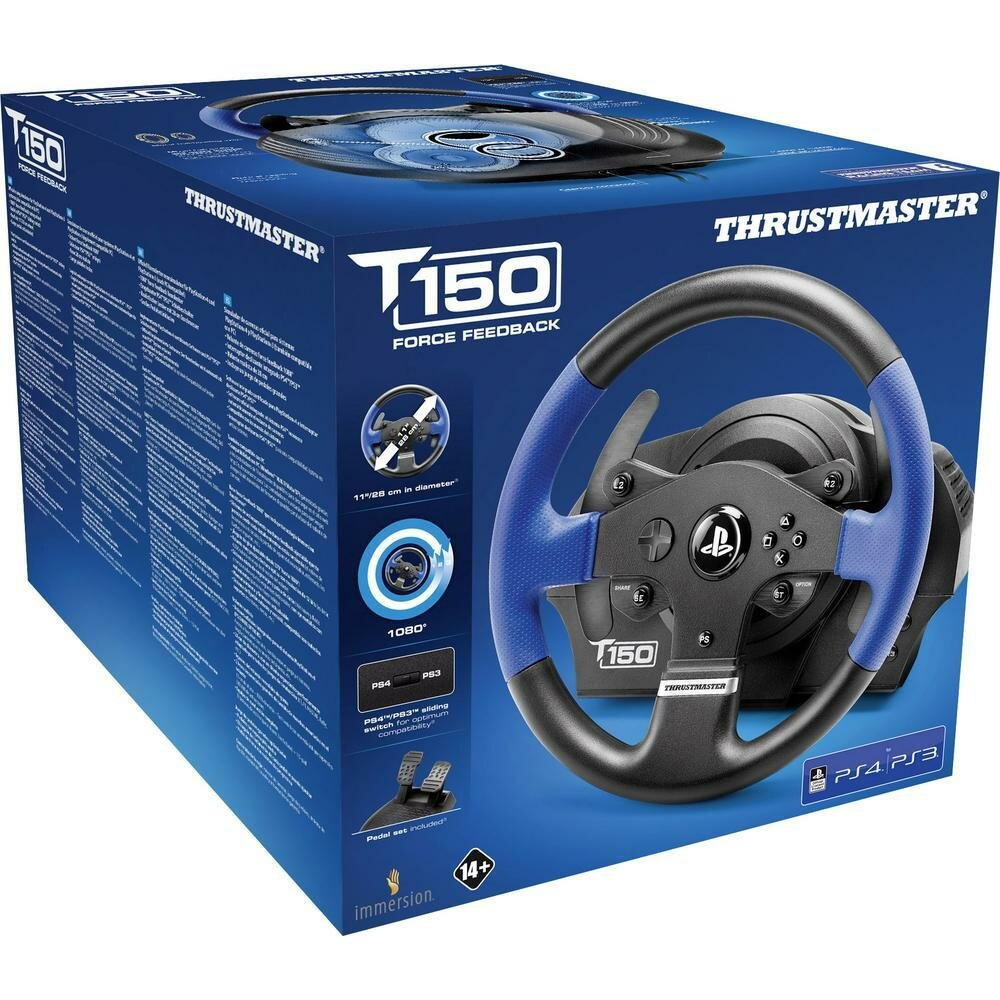 Pudełko z kierownicą wyścigową Thrustmaster T150. Pudełko przedstawia kierownicę, funkcje i kompatybilność z konsolami PS4 i PS3.