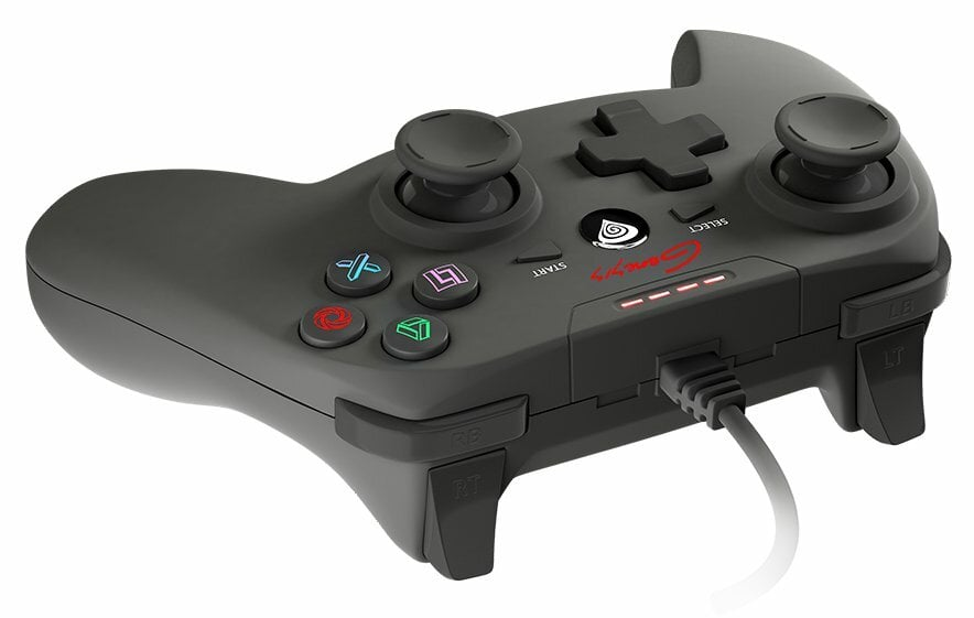 Czarny kontroler do gier Genesis z wielokolorowymi przyciskami i kablem USB.