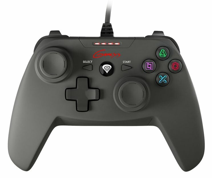 Szary gamepad Genesis z przyciskami, joystickami i białym tłem.