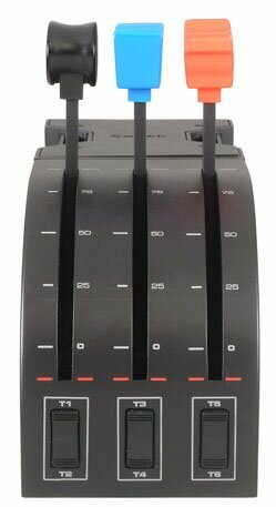 Czarny kwadrant przepustnicy z trzema kolorowymi dźwigniami, czarna podstawa.