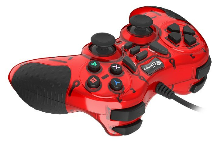 Czerwono-czarny gamepad Genesis. Posiada przyciski, d-pad i dwa joysticki. Podłączony do czarnego kabla.