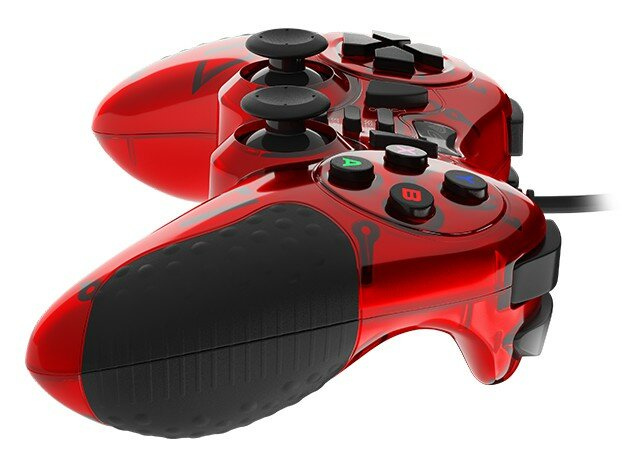 Czerwono-czarny kontroler do gier z przyciskami i kablem.