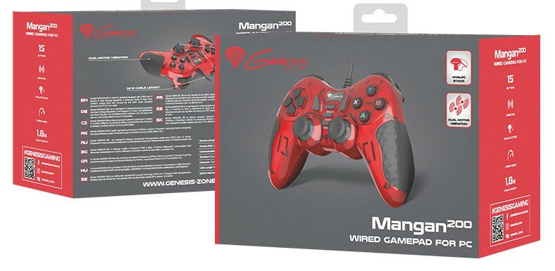 Czerwone pudełko gamepada Genesis Mangan 200 z funkcjami i specyfikacjami.