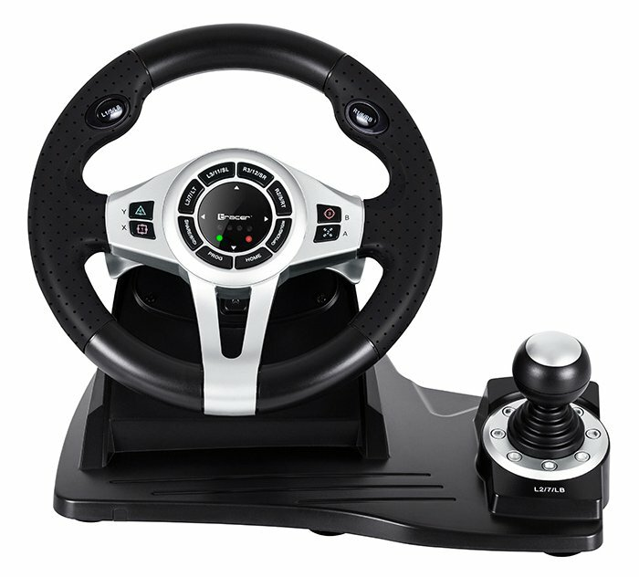 Czarna kierownica wyścigowa z przyciskami i dźwignią zmiany biegów, z czarną podstawą.