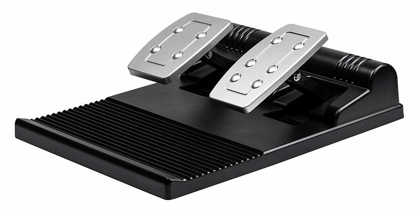 Czarny zestaw pedałów wyścigowych ze srebrnymi pedałami. Pedały są zamontowane na czarnej podstawie.