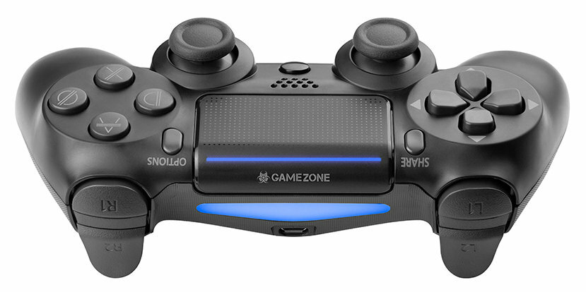 Czarny kontroler do gier z przyciskami. Kontroler ma niebieskie światło. Widoczna jest marka 'GAMEZONE'.
