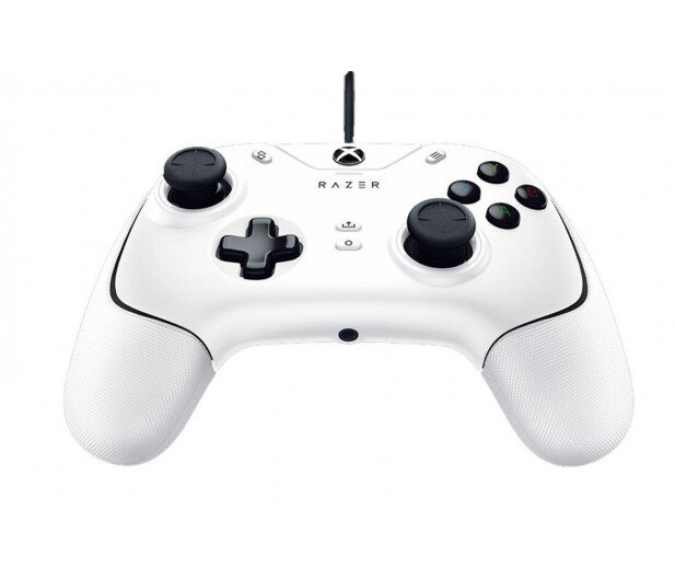 Biały kontroler do gier Razer, widok z boku, czarne przyciski i gałki.